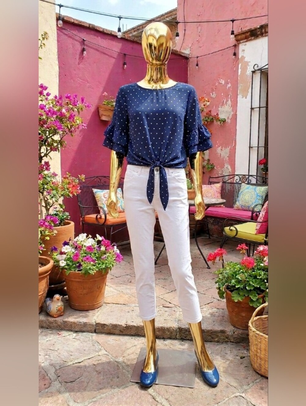 Navy Polka Dot Tie-Front Ruffle Sleeve Top